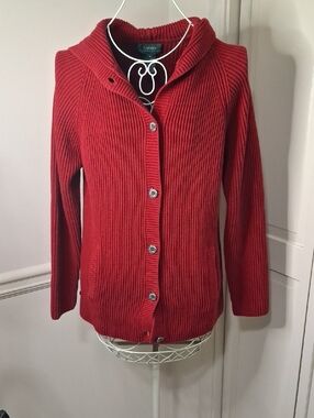 Lauren Ralph Lauren Crimson Ribbed Button-Up Hooded Cardigan
